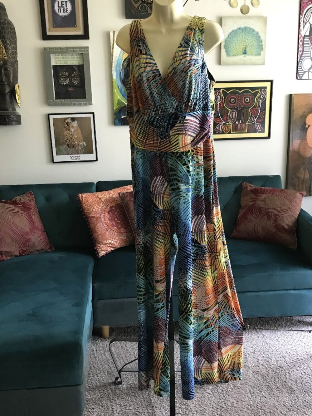 PAPPAGALLO size L Tropical Palm Fronds Print Stretch Jersey Wide Leg Jumpsuit
